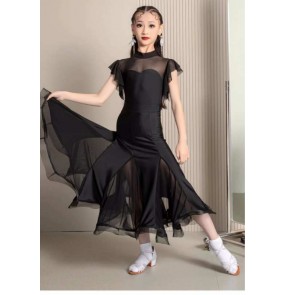 Girls black ballroom dance dresses for kids children juvenile waltz tango foxtrot smooth dance long gown for Girls